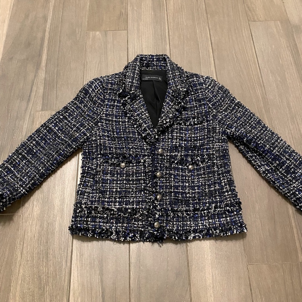 Zara navy blue tweed with silver accents blazer barely worn